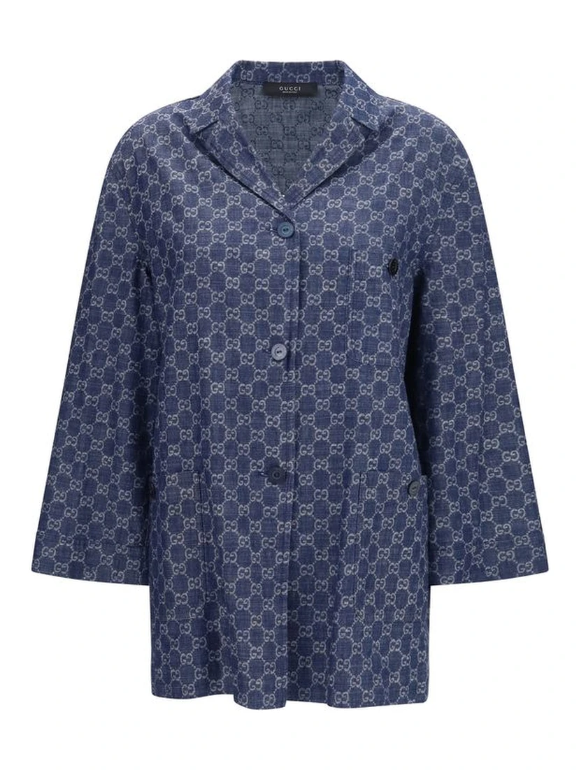 Blue Cotton Full-Length Jacket