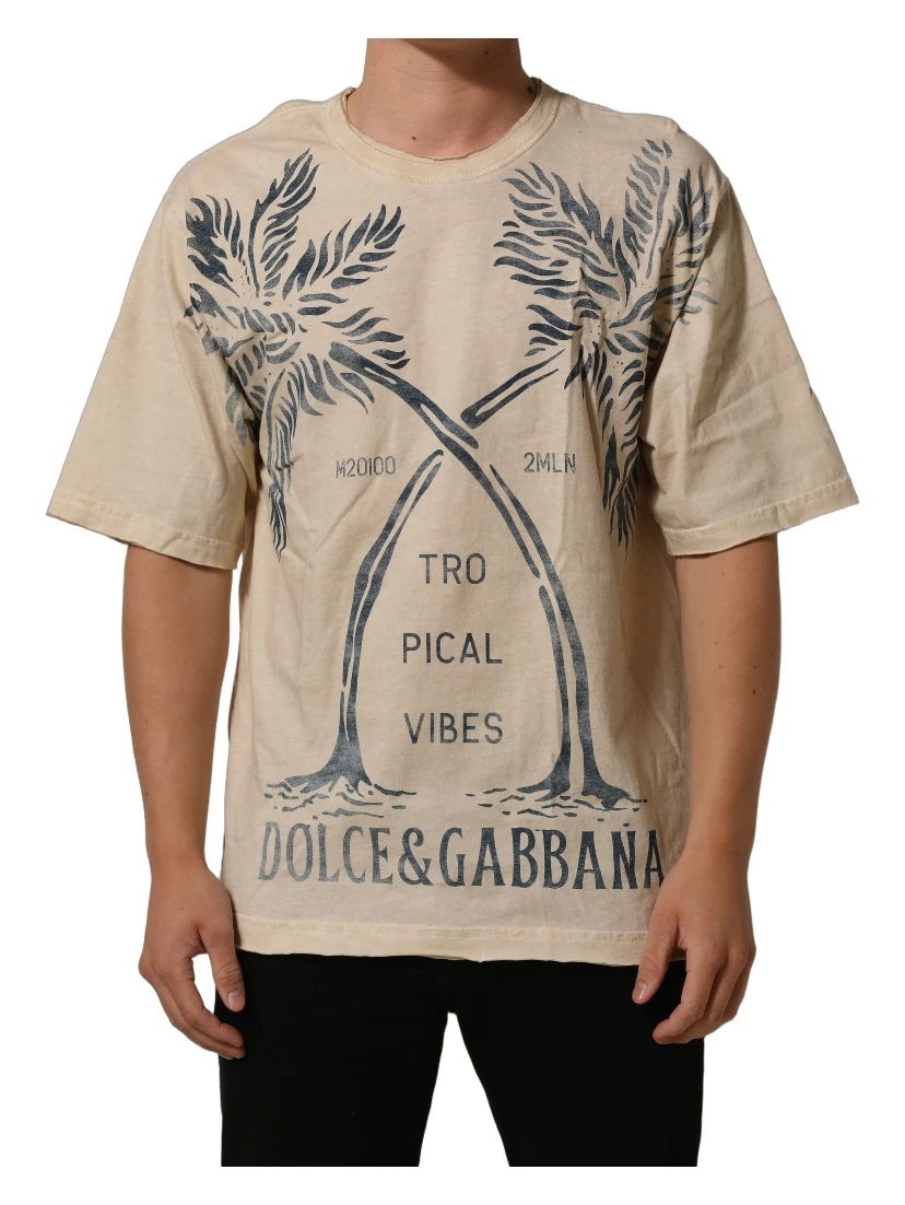 Beige Cotton Graphic Print Crew Neck T-shirt