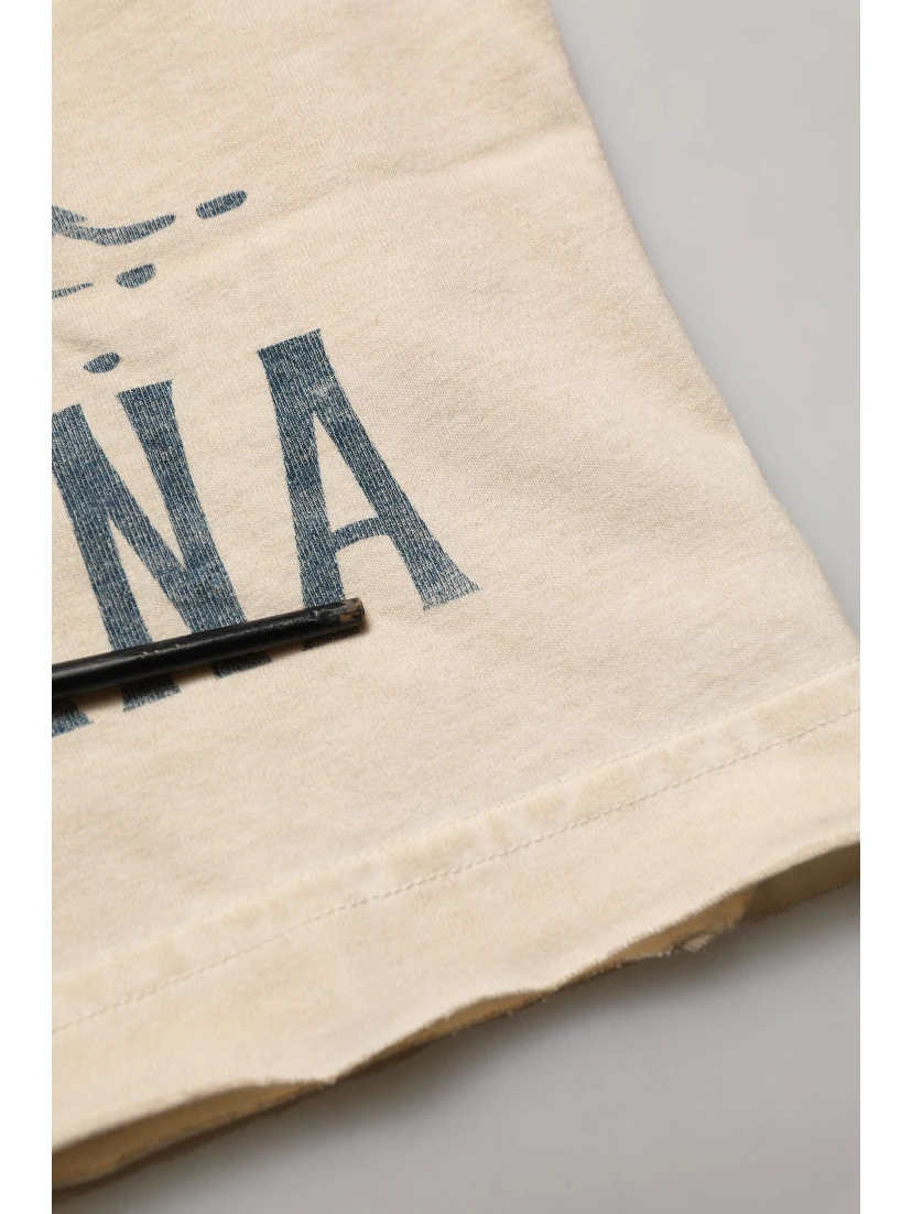 Beige Cotton Graphic Print Crew Neck T-shirt