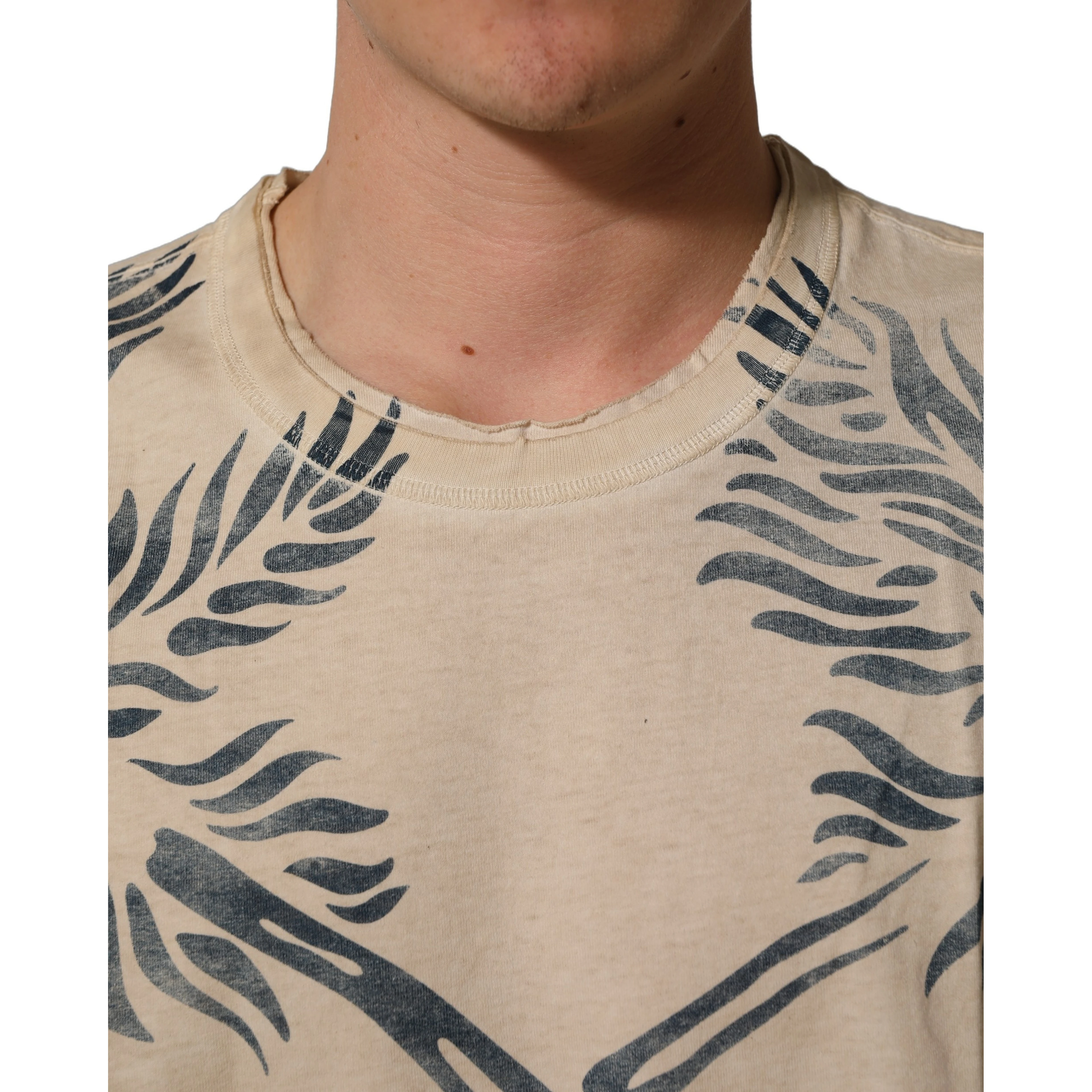 Beige Cotton Graphic Print Crew Neck T-shirt