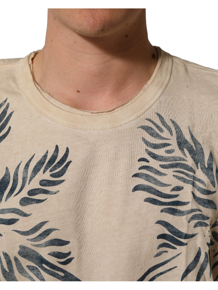 Beige Cotton Graphic Print Crew Neck T-shirt