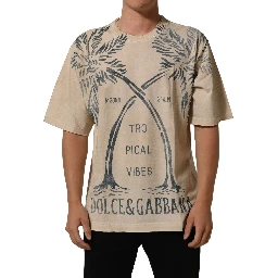 Beige Cotton Graphic Print Crew Neck T-shirt