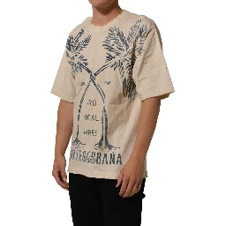 Beige Cotton Graphic Print Crew Neck T-shirt