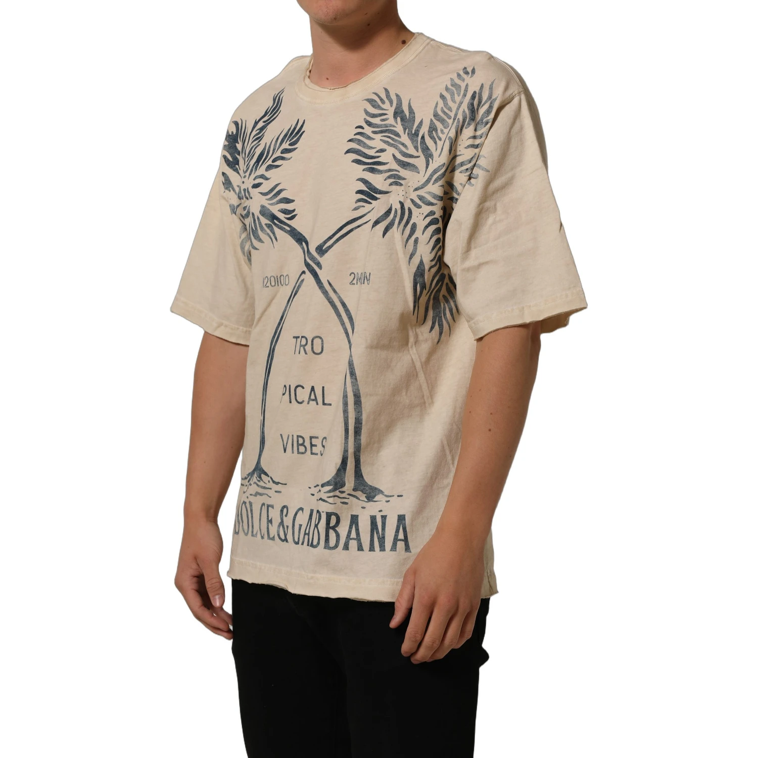 Beige Cotton Graphic Print Crew Neck T-shirt