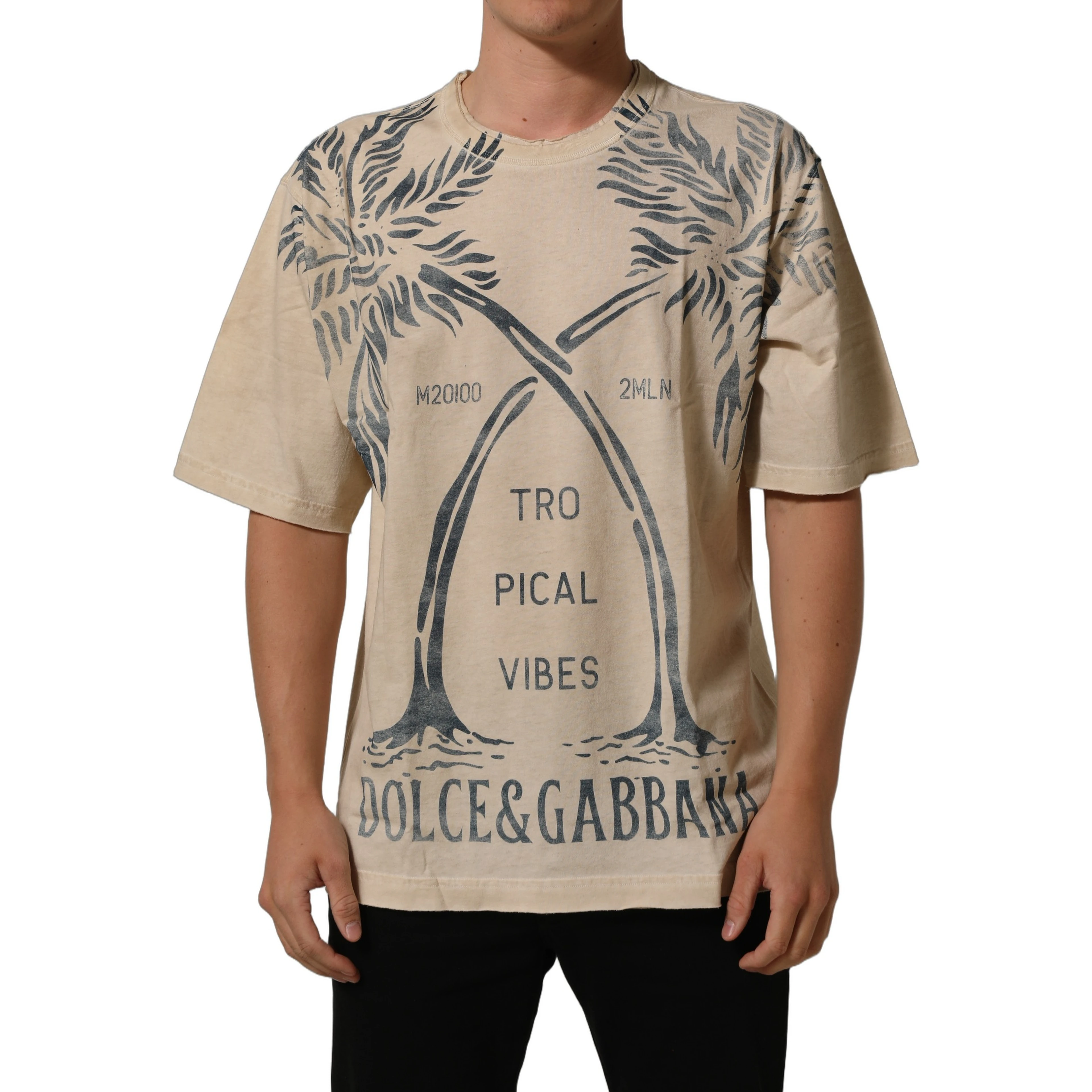 Beige Cotton Graphic Print Crew Neck T-shirt