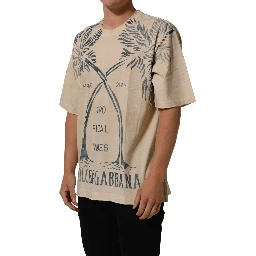 Beige Cotton Graphic Print Crew Neck T-shirt
