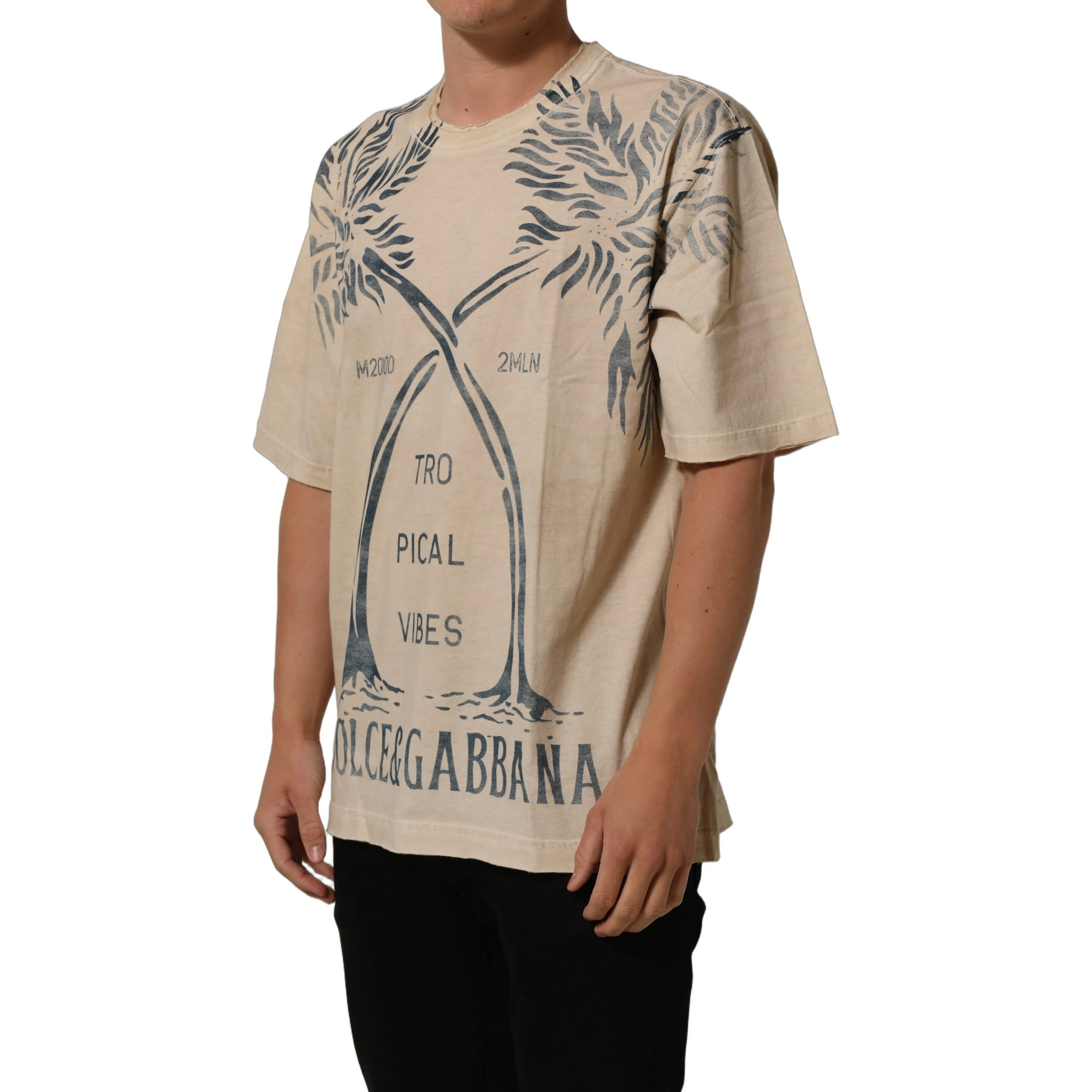 Beige Cotton Graphic Print Crew Neck T-shirt