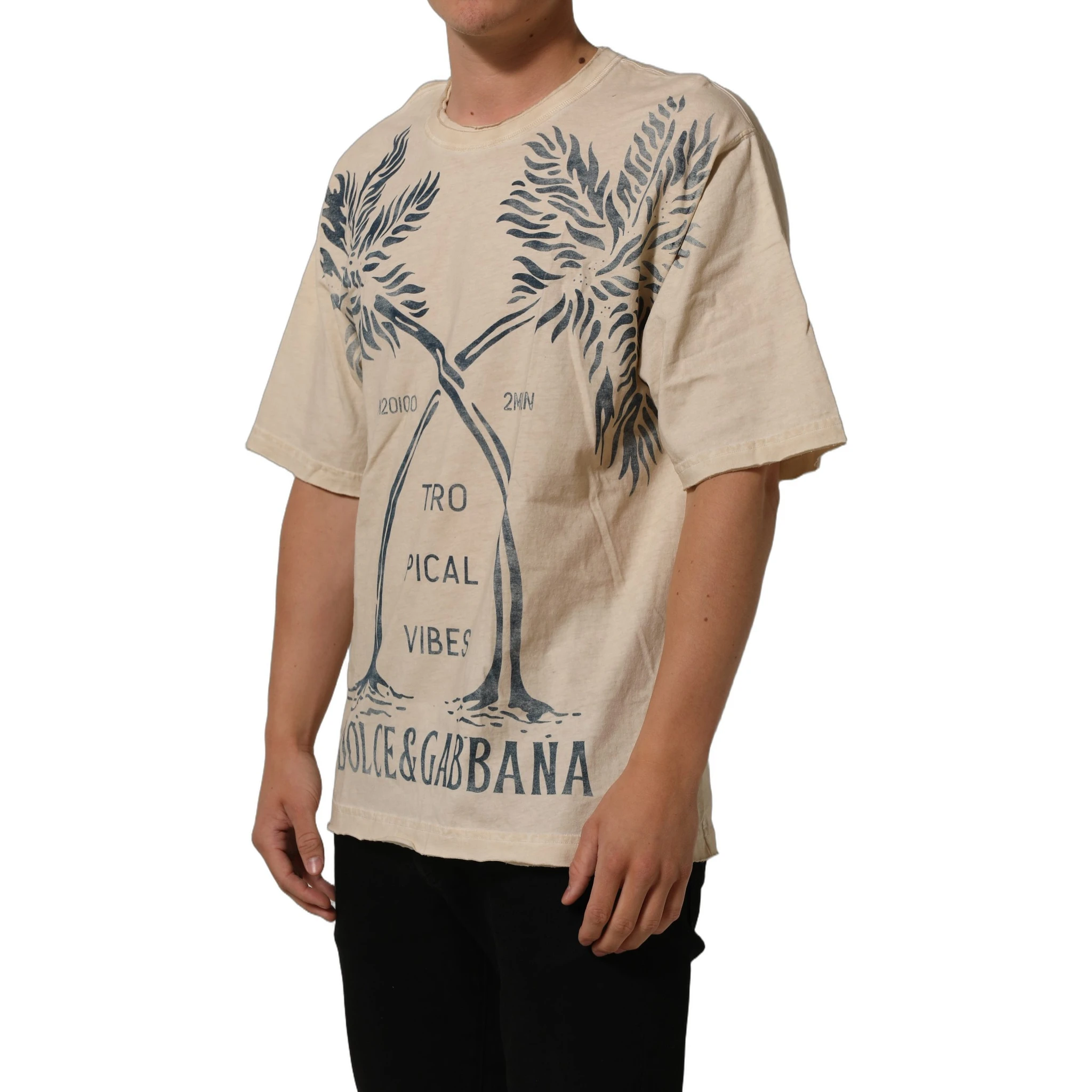 Beige Cotton Graphic Print Crew Neck T-shirt