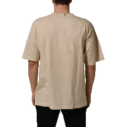 Beige Cotton Graphic Print Crew Neck T-shirt
