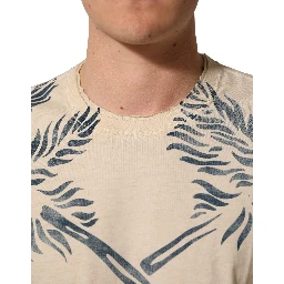 Beige Cotton Graphic Print Crew Neck T-shirt