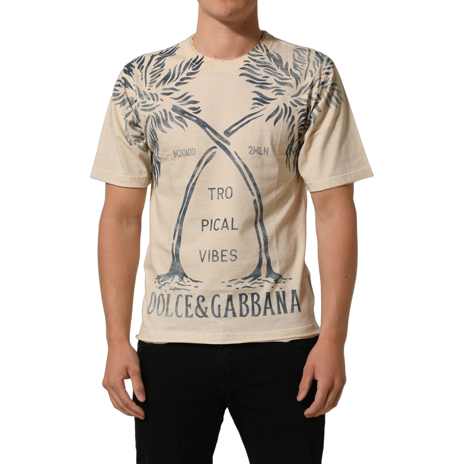 Beige Cotton Graphic Print Crew Neck T-shirt