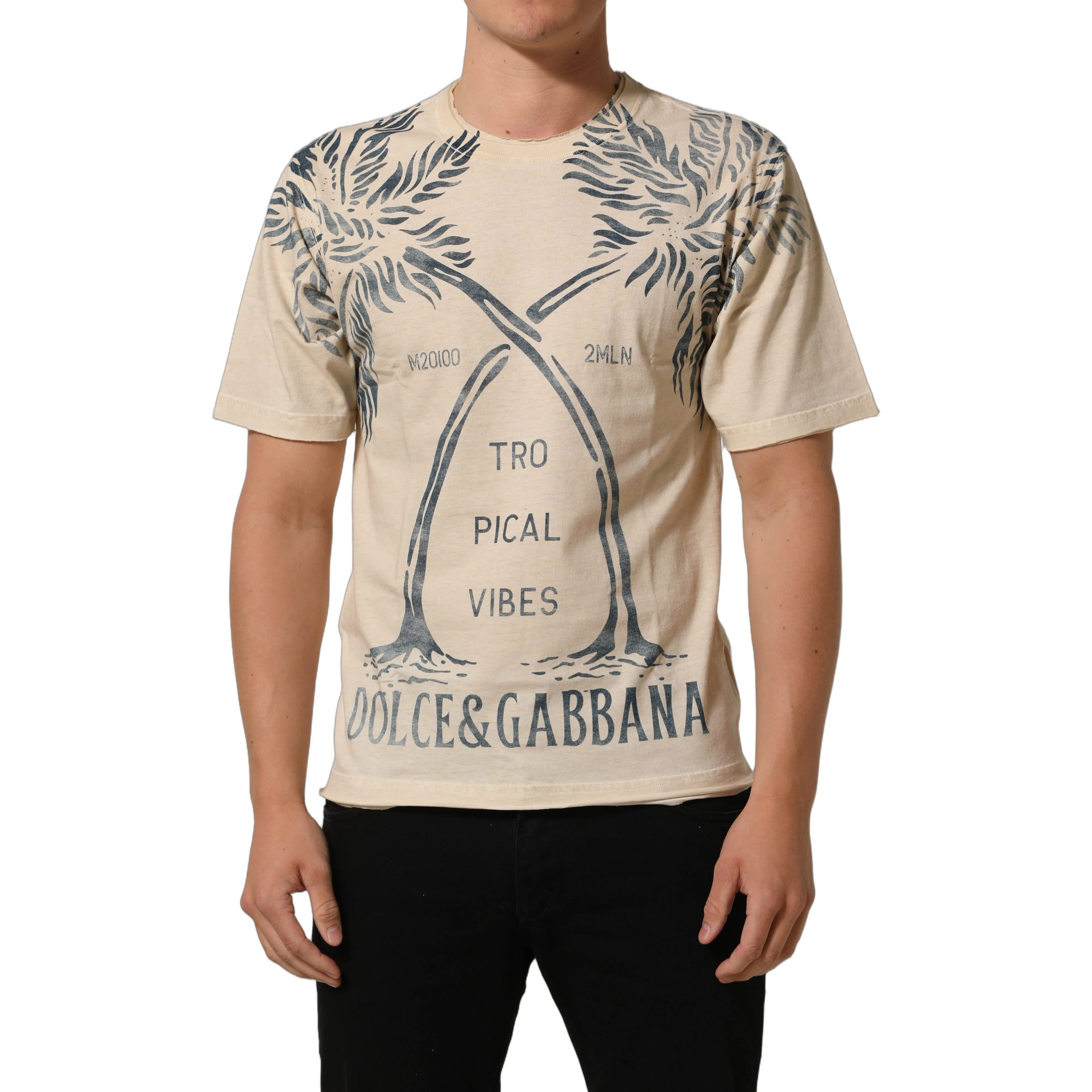Beige Cotton Graphic Print Crew Neck T-shirt