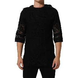 Black Cotton Floral Lace Crew Neck T-shirt