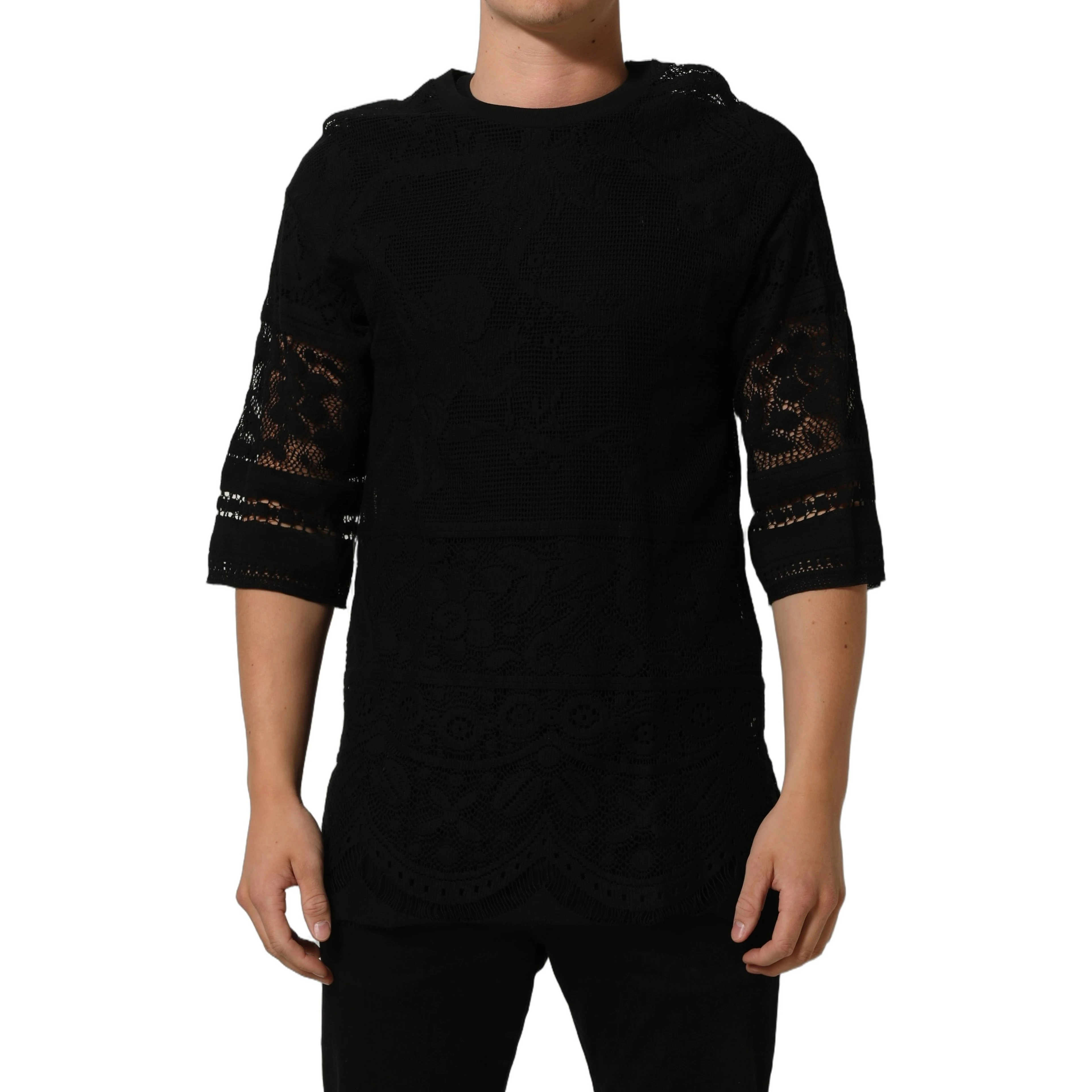 Black Cotton Floral Lace Crew Neck T-shirt