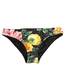 Black Nylon Floral Print Bikini Bottom Swimwear