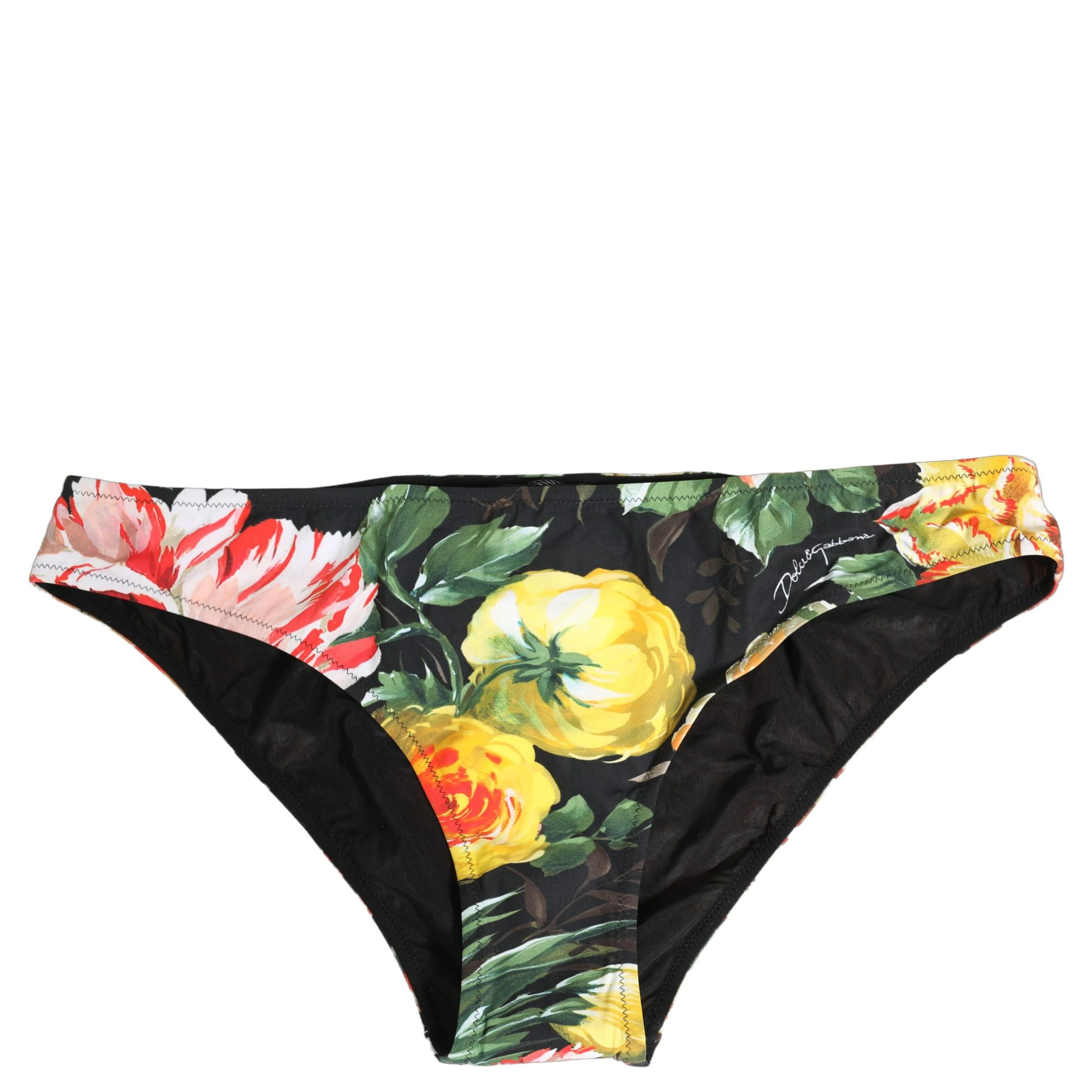 Black Nylon Floral Print Bikini Bottom Swimwear