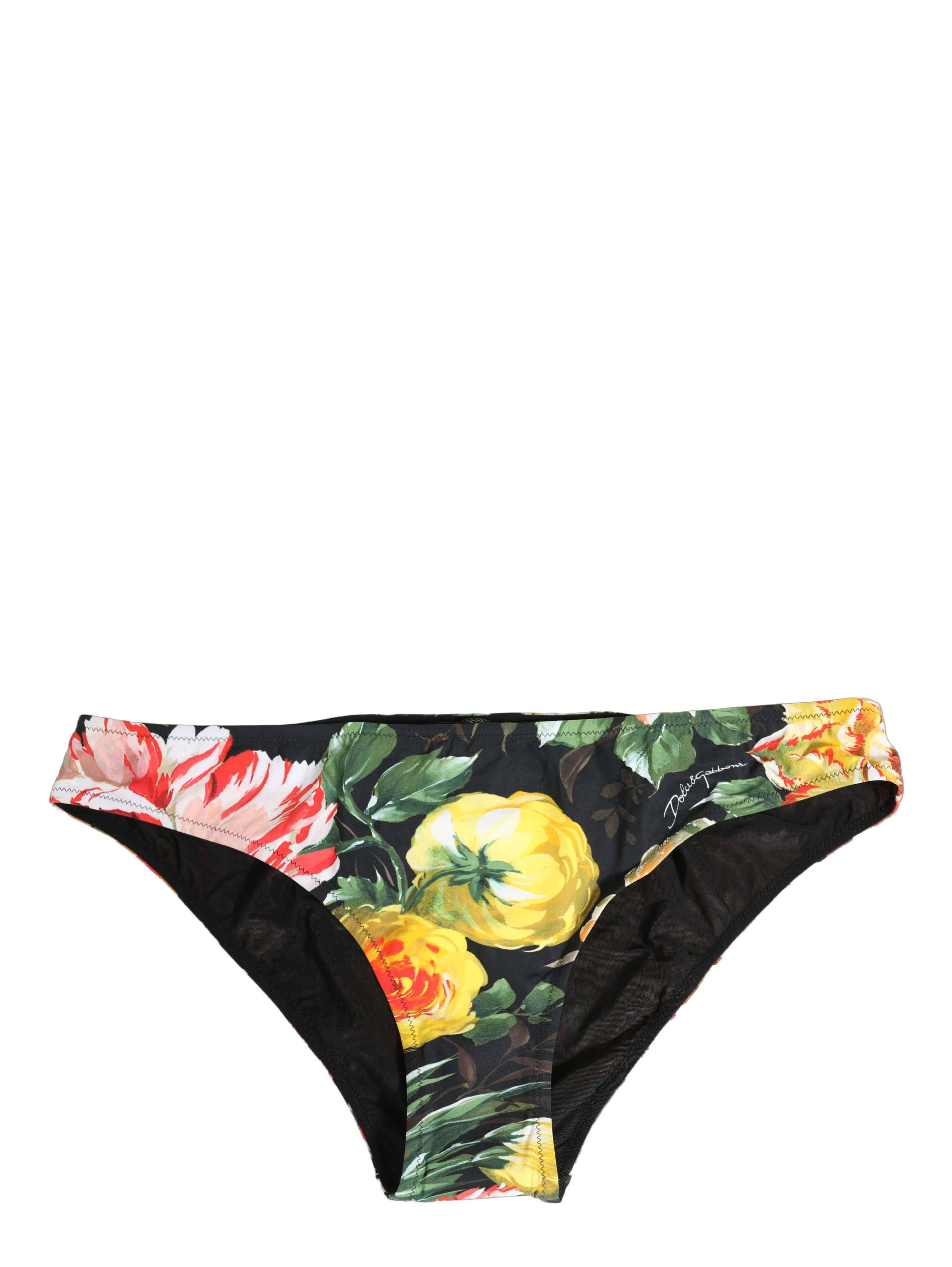Black Nylon Floral Print Bikini Bottom Swimwear