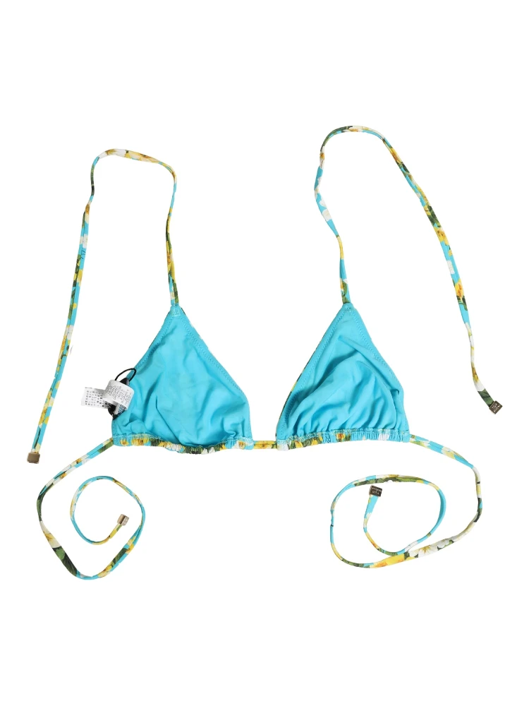 Blue Floral Print Nylon Halter Bikini Top Swimwear