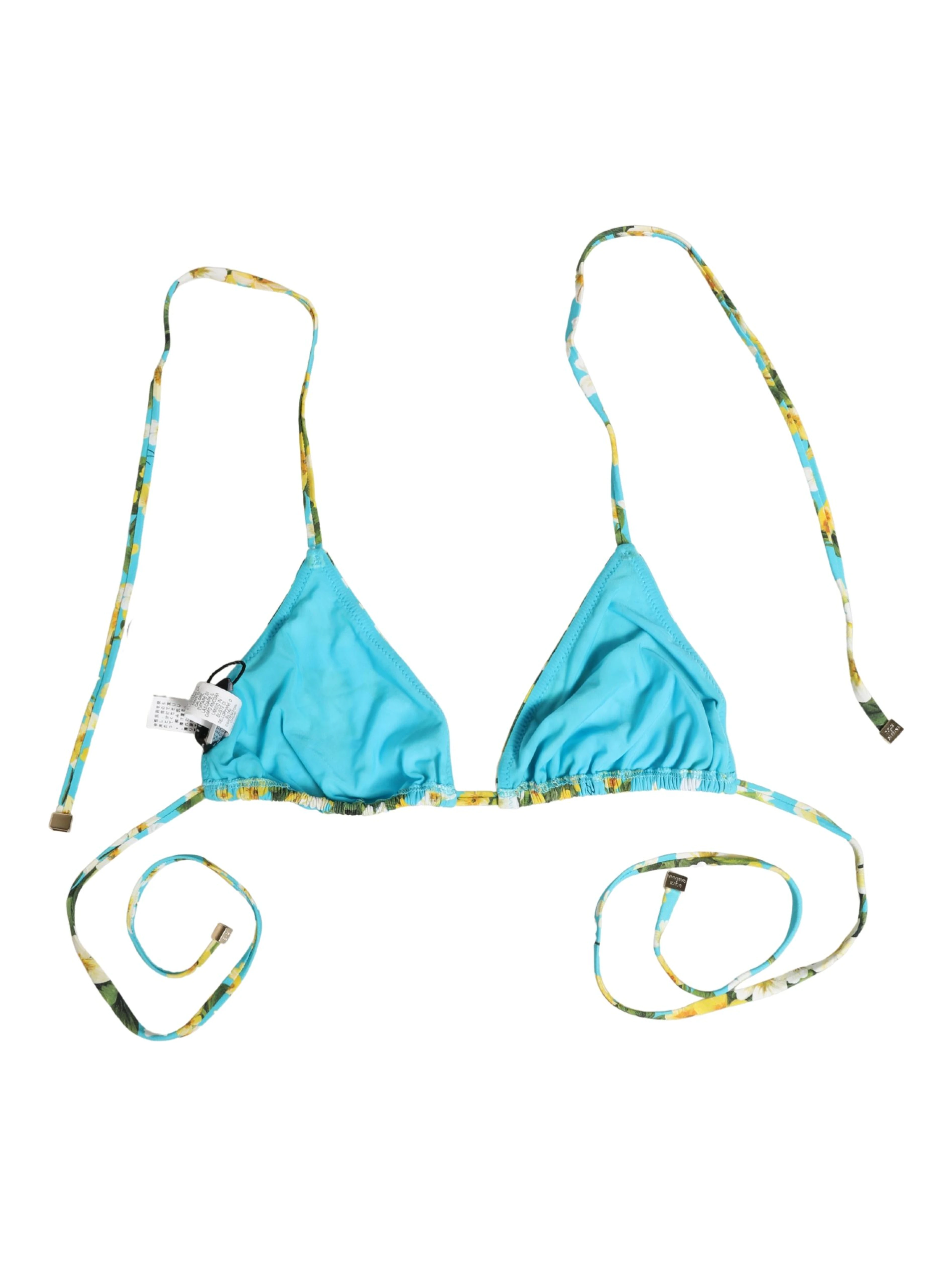 Blue Floral Print Nylon Halter Bikini Top Swimwear