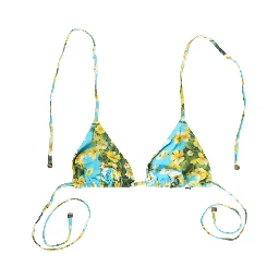 Blue Floral Print Nylon Halter Bikini Top Swimwear