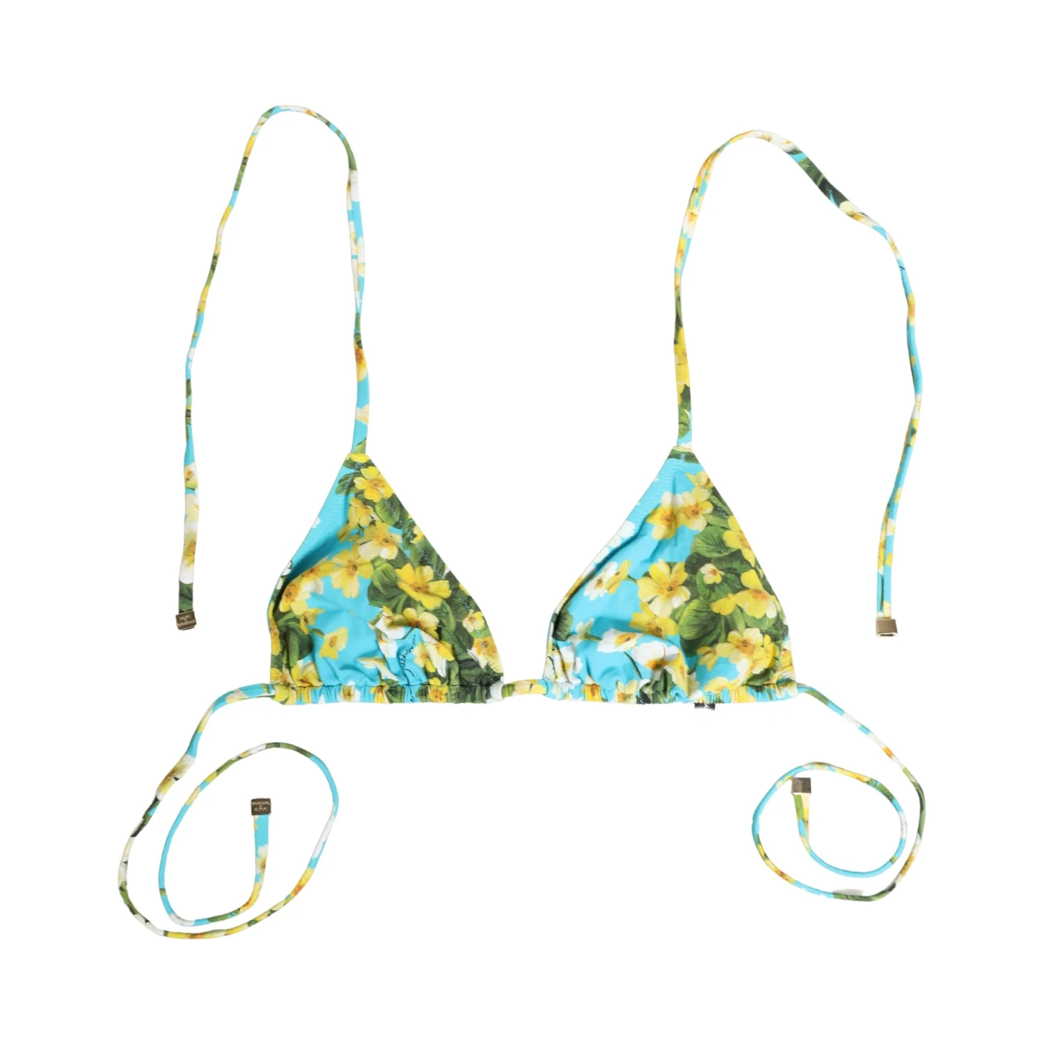 Blue Floral Print Nylon Halter Bikini Top Swimwear