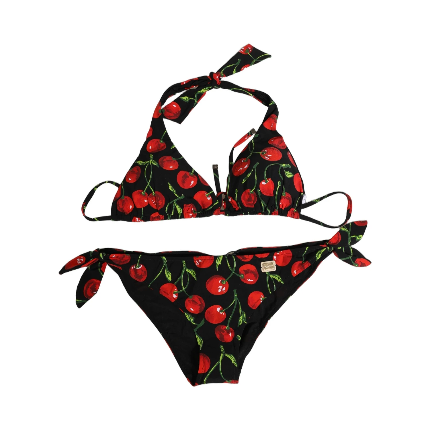 Black Cherry Print Nylon Bikini 2 Piece Swimwear