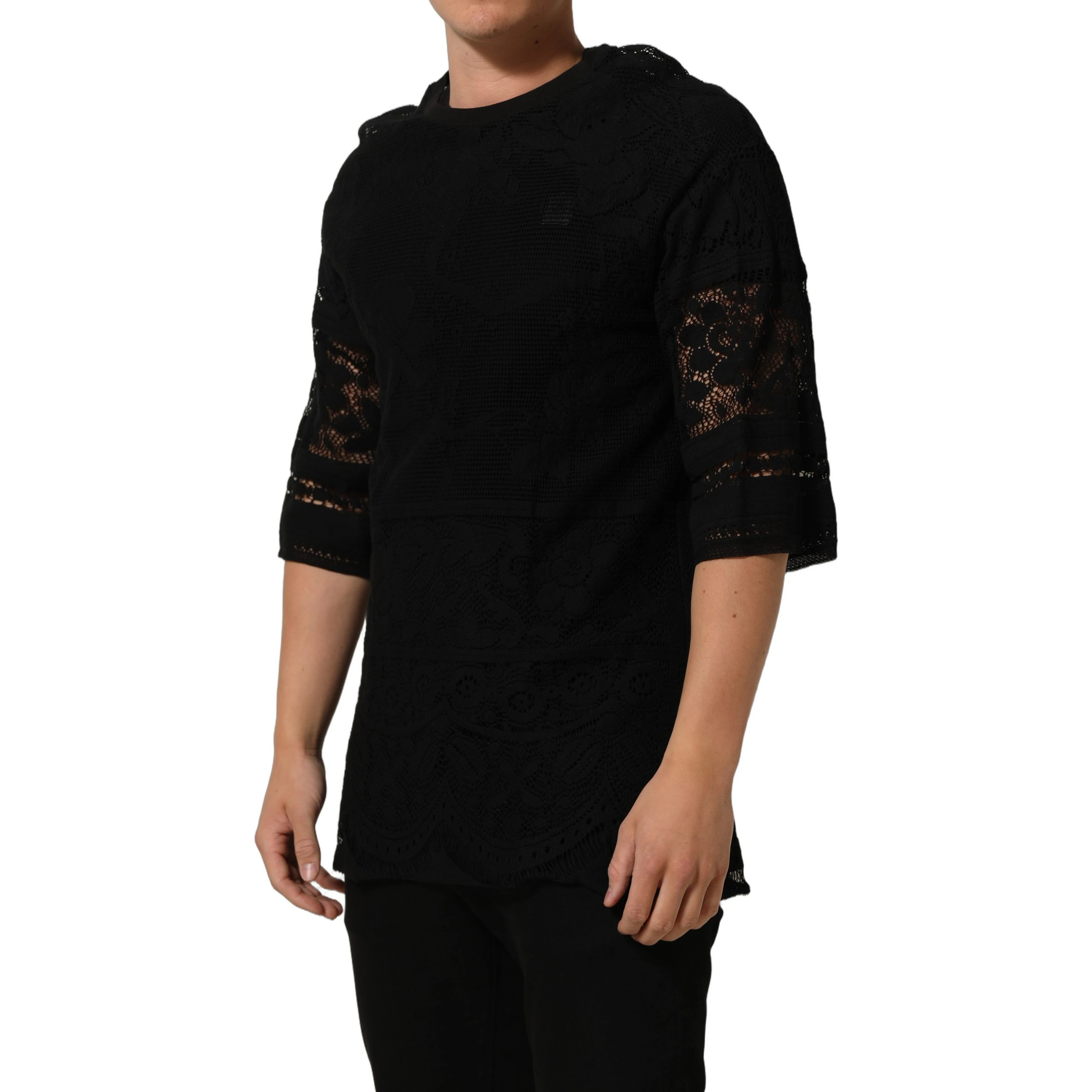 Black Cotton Floral Lace Crew Neck T-shirt