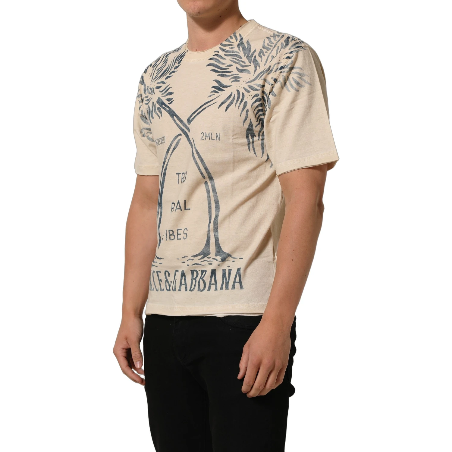 Beige Cotton Graphic Print Crew Neck T-shirt