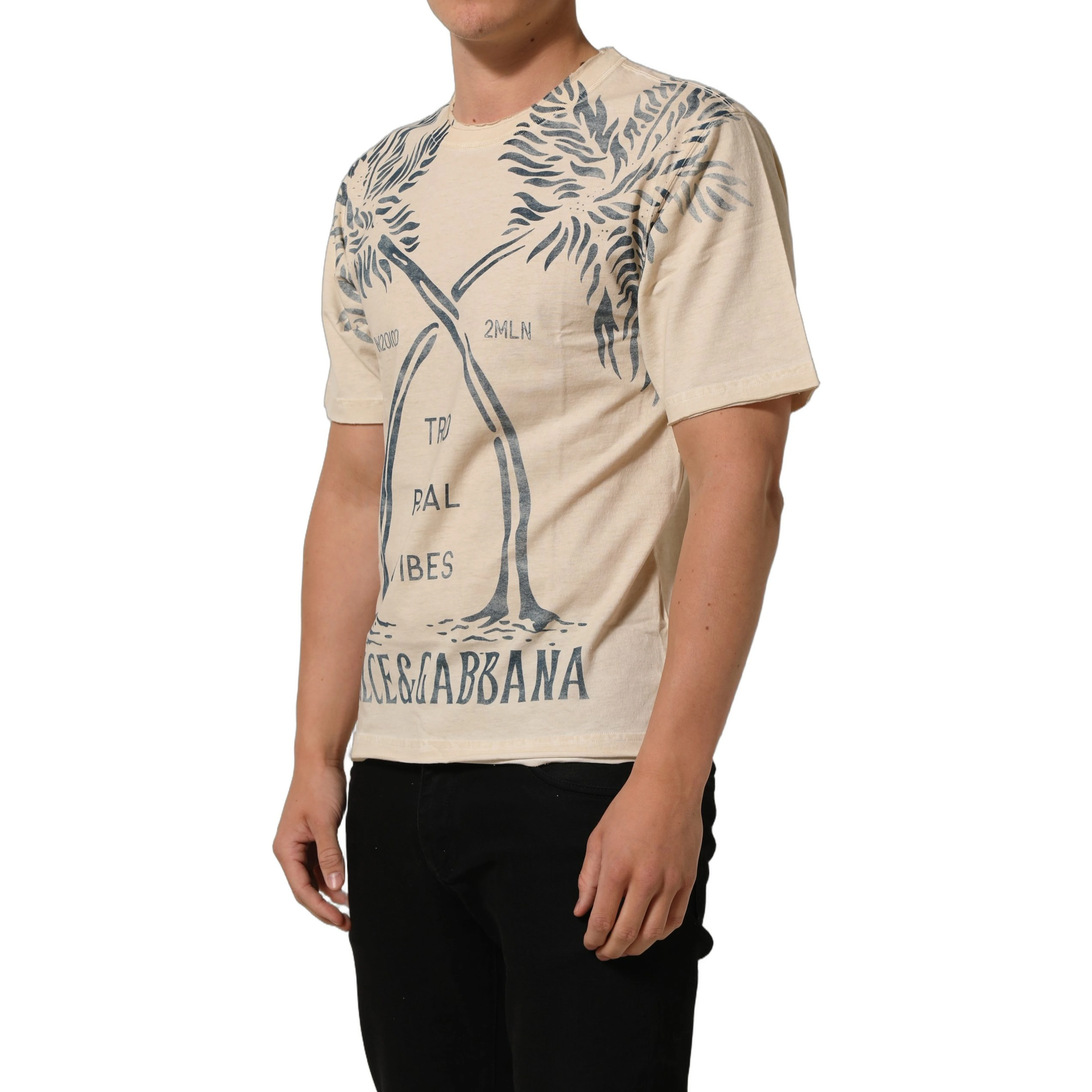 Beige Cotton Graphic Print Crew Neck T-shirt