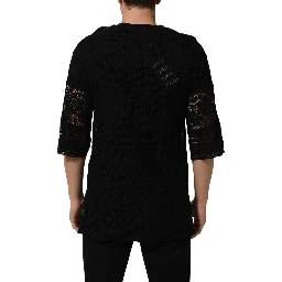 Black Cotton Floral Lace Crew Neck T-shirt