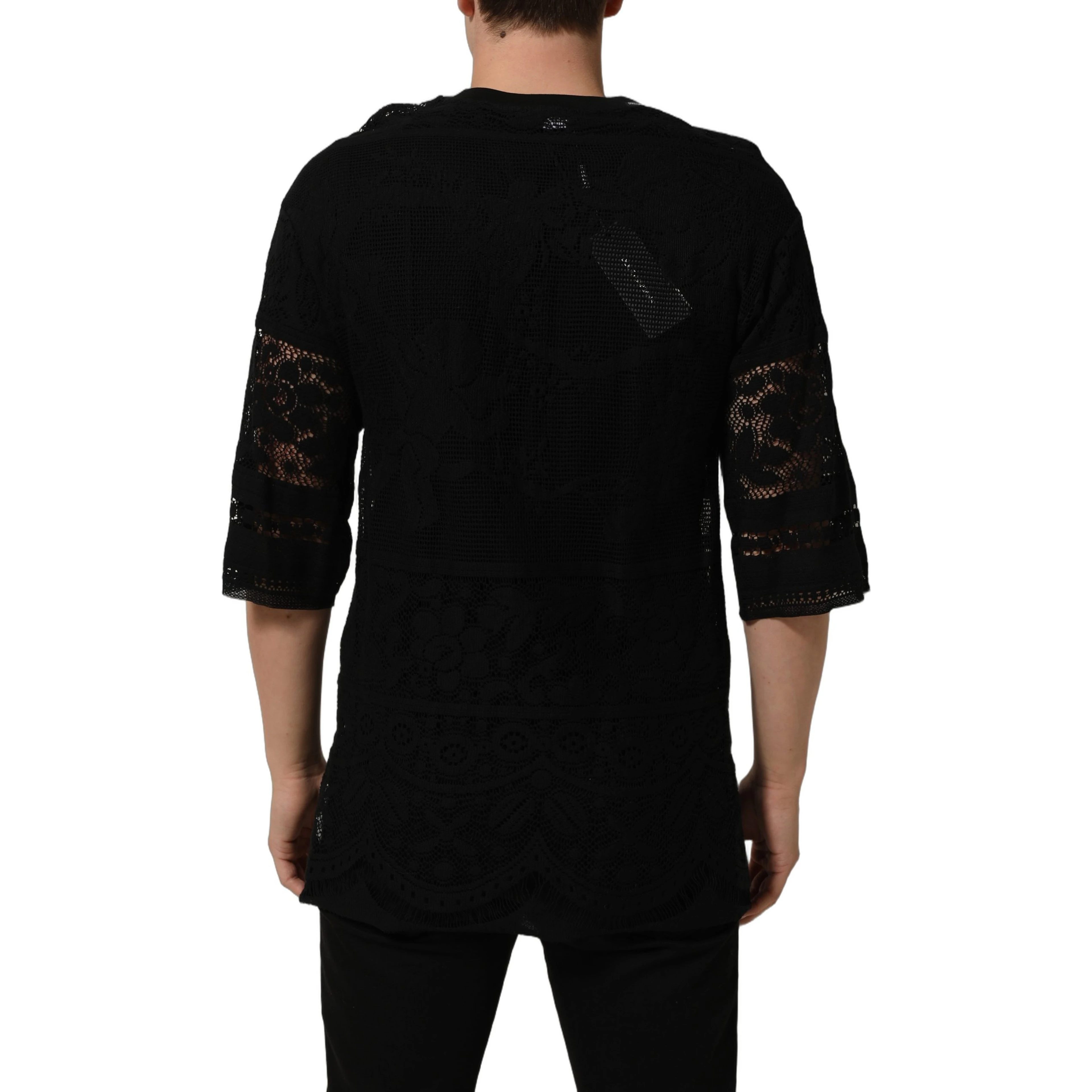 Black Cotton Floral Lace Crew Neck T-shirt