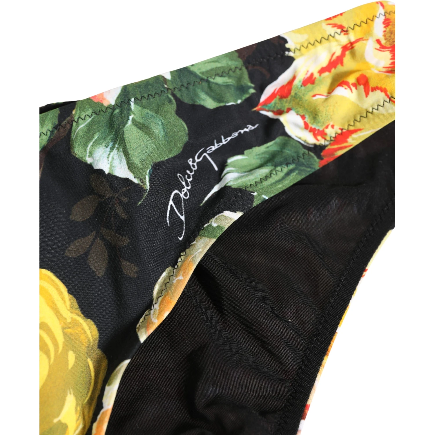 Black Nylon Floral Print Bikini Bottom Swimwear
