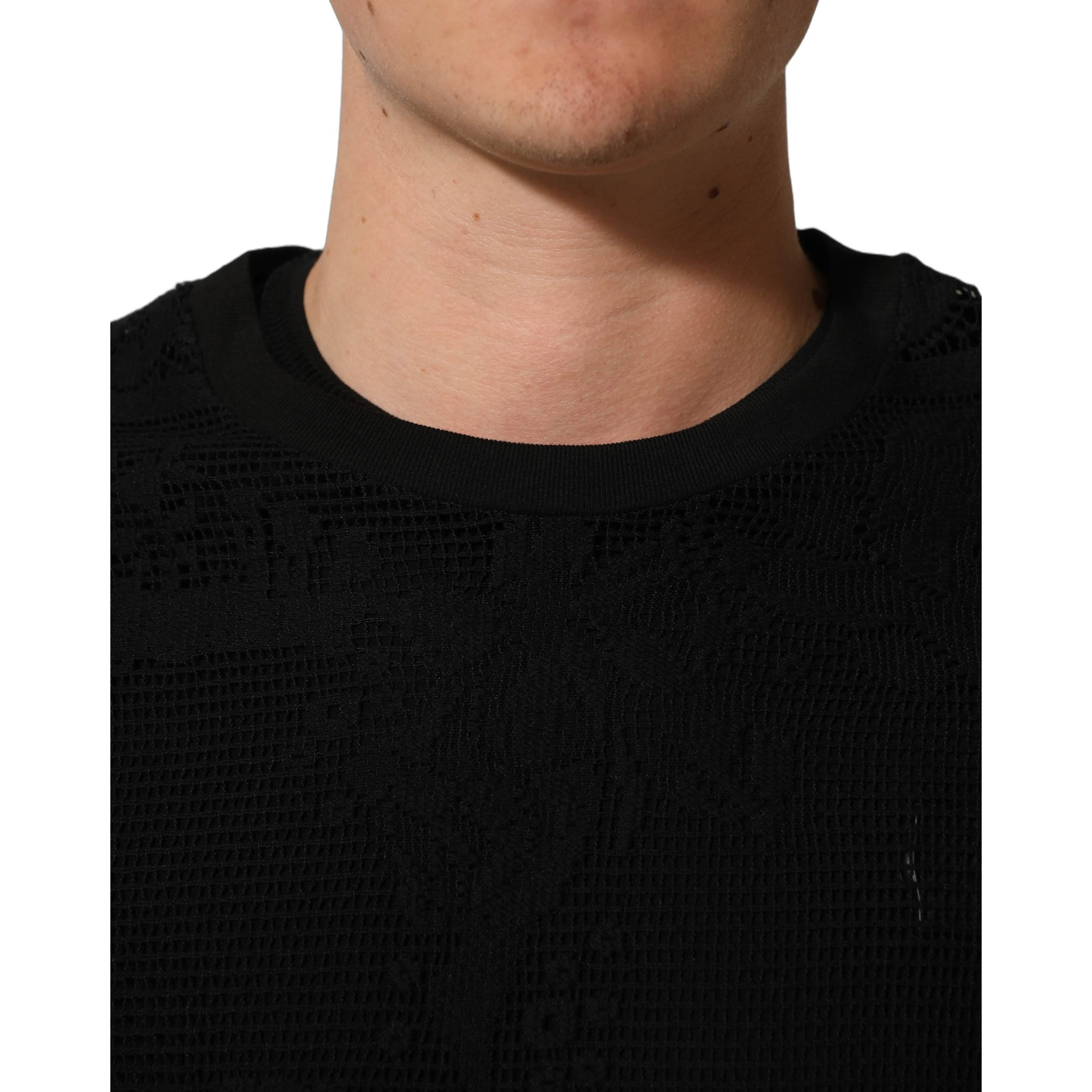 Black Cotton Floral Lace Crew Neck T-shirt