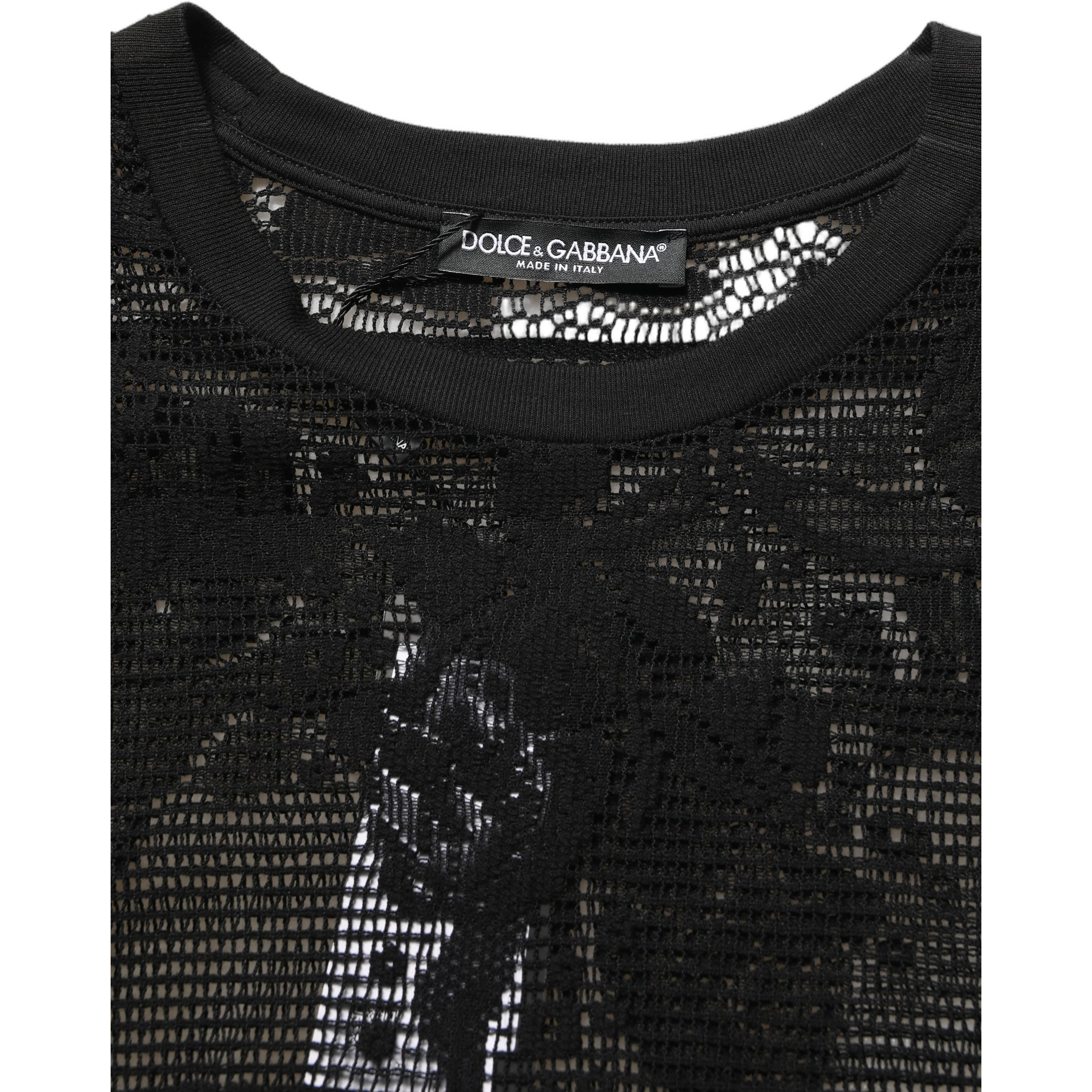 Black Cotton Floral Lace Crew Neck T-shirt