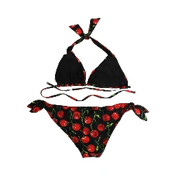 Black Cherry Print Nylon Bikini 2 Piece Swimwear