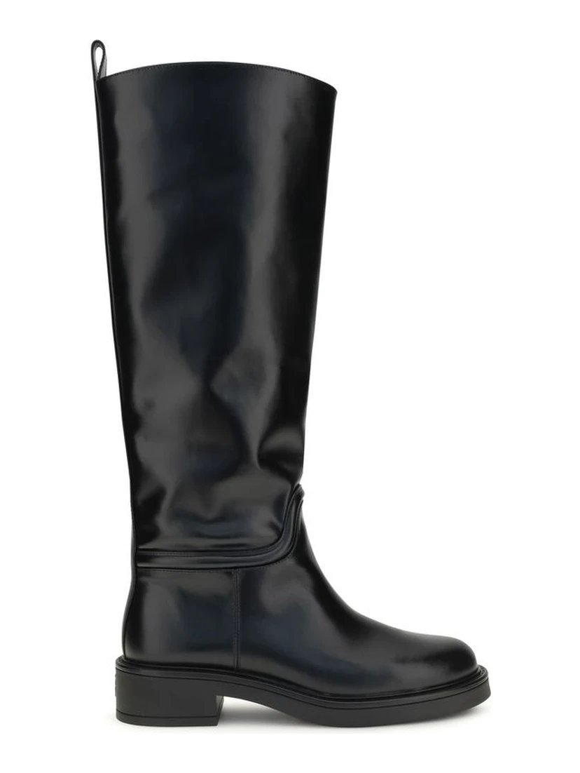Black Calf Leather Bos Taurus Flat Boots