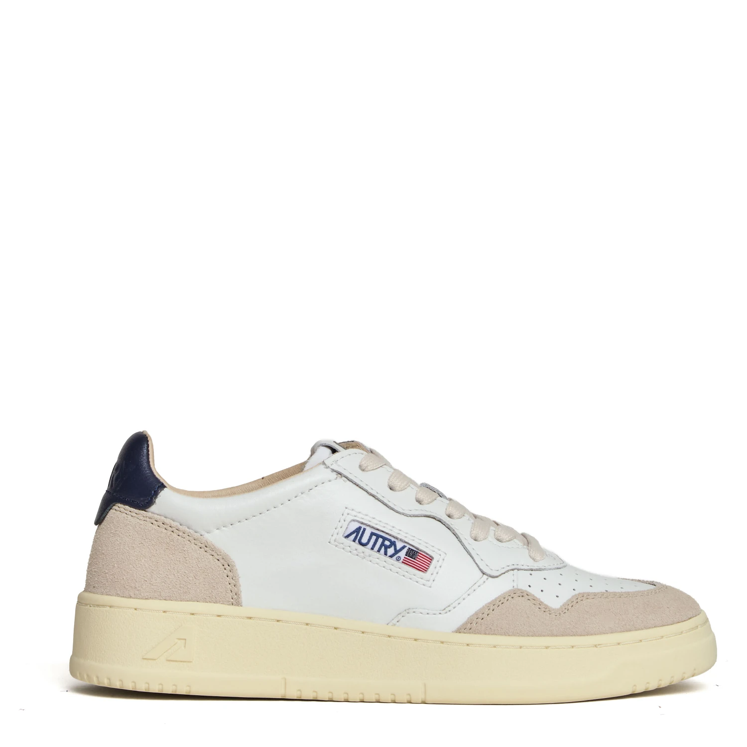 Sneakers Medalist Low In Pelle Bianca, Blu e Suede Beige