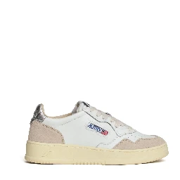 Sneakers Medalist Low In Pelle Bianca, Argento e Suede Beige