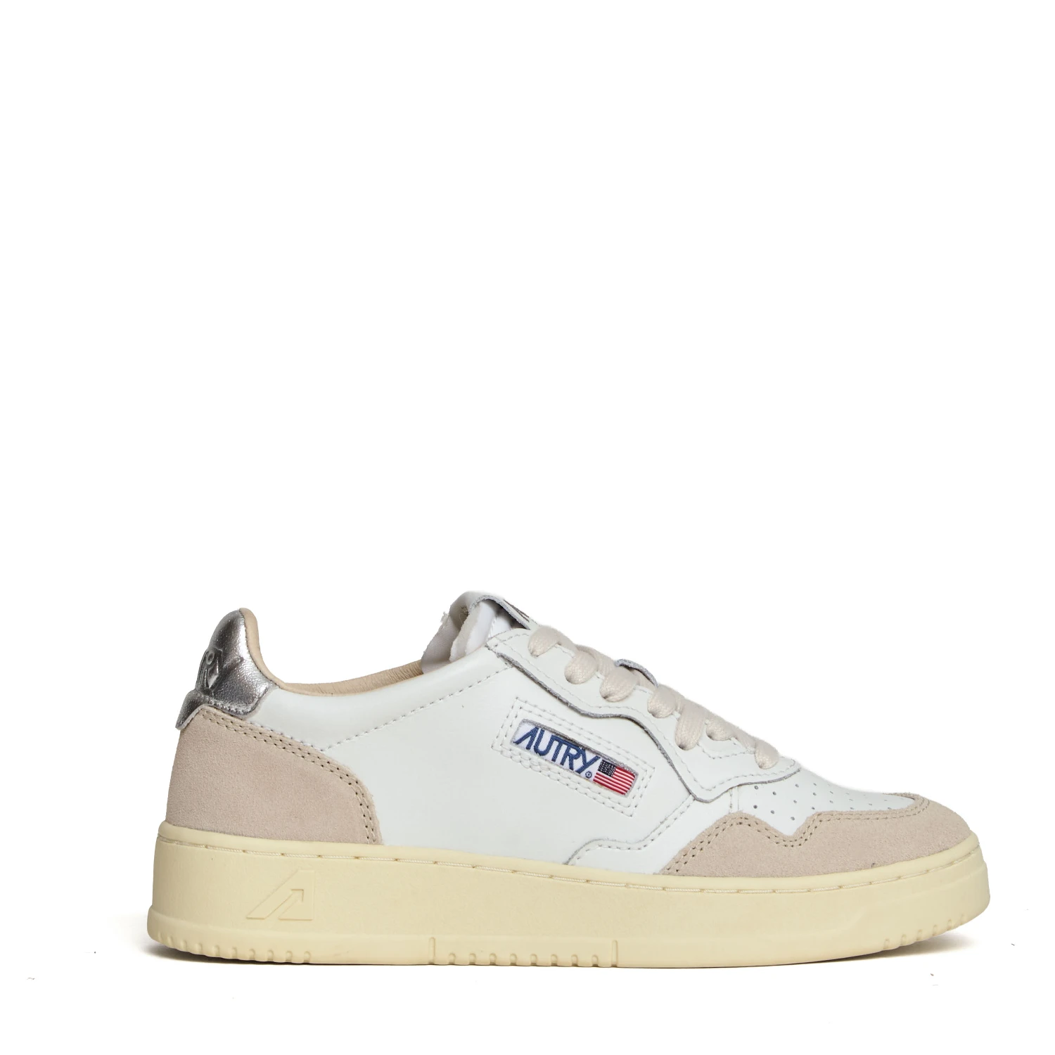 Sneakers Medalist Low In Pelle Bianca, Argento e Suede Beige