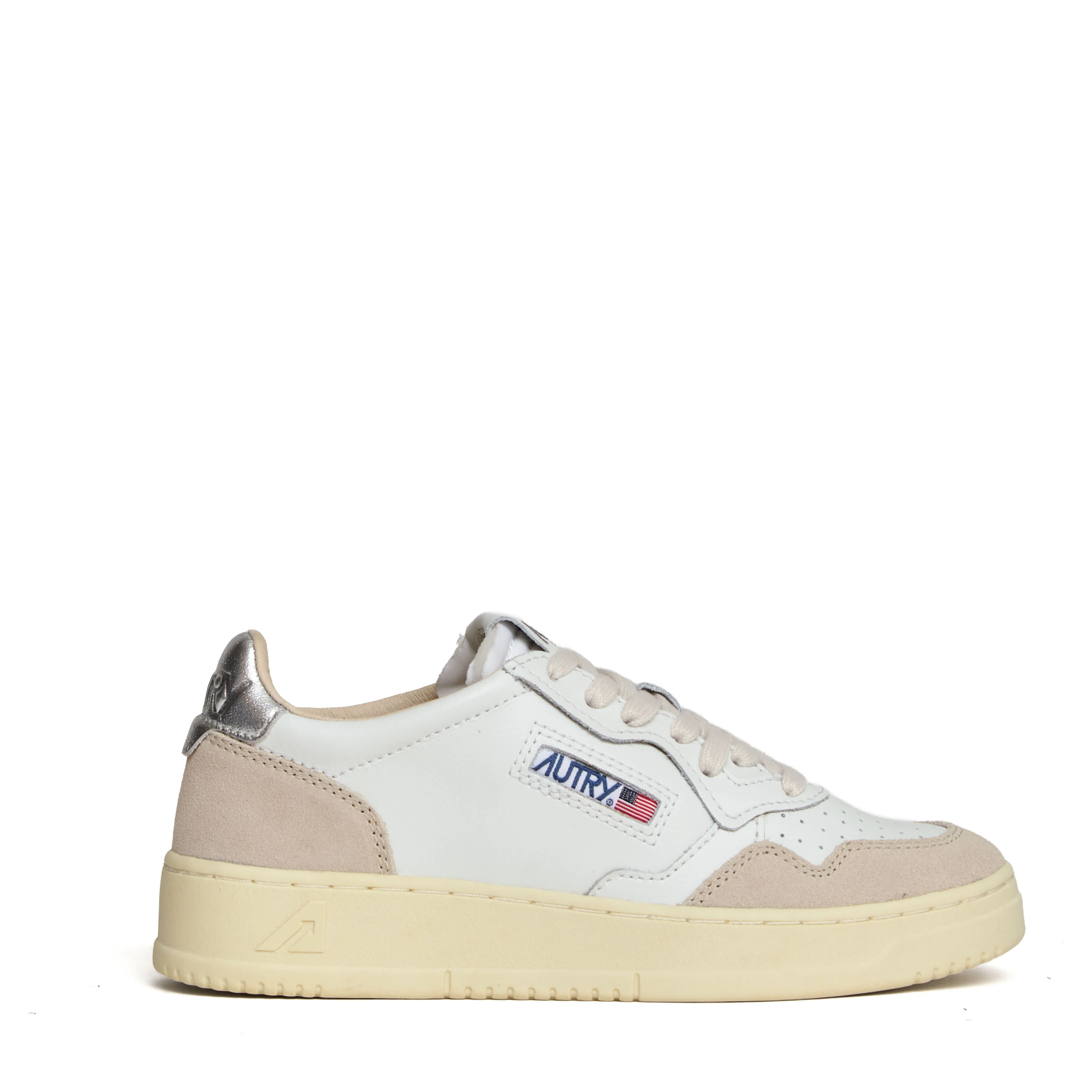 Sneakers Medalist Low In Pelle Bianca, Argento e Suede Beige