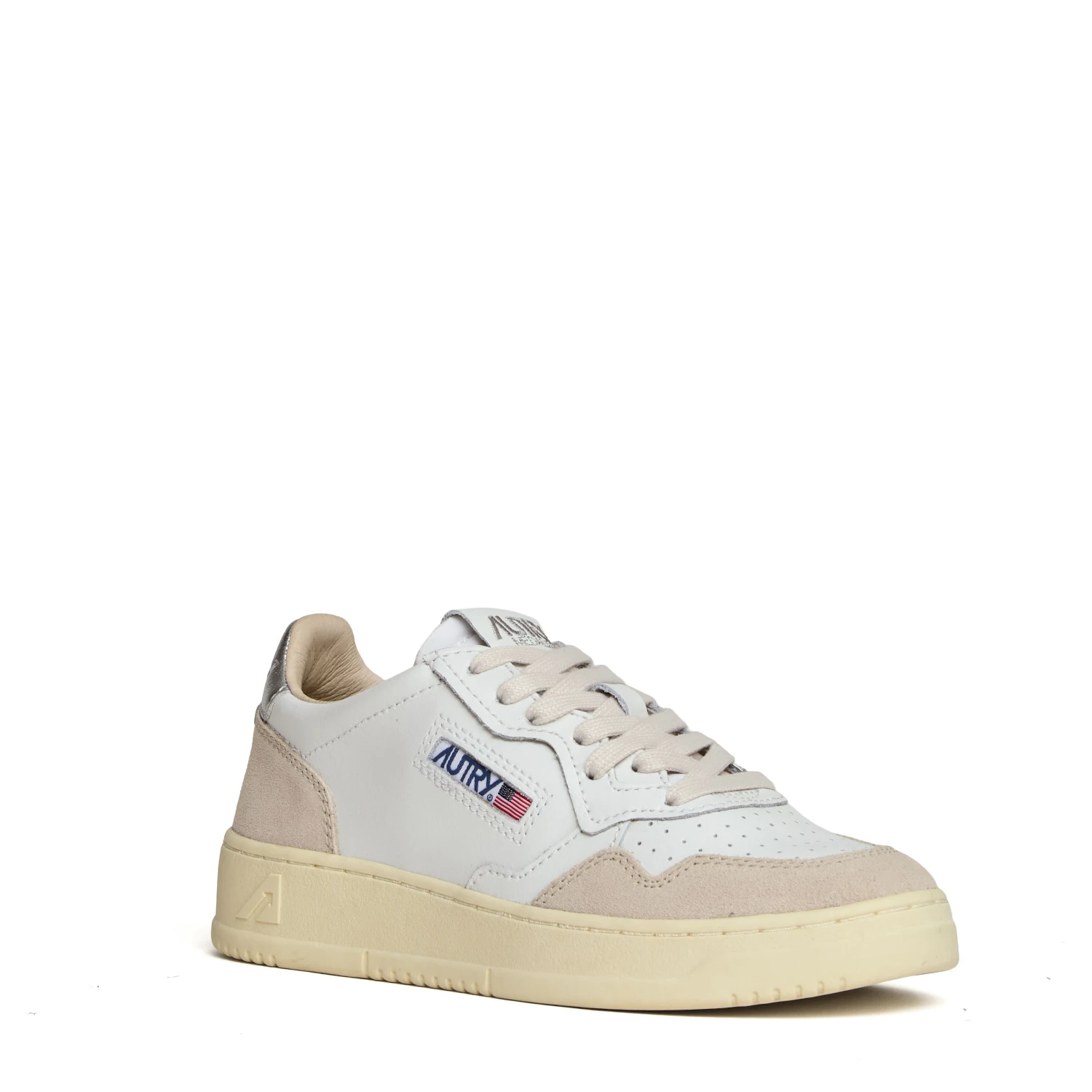 Sneakers Medalist Low In Pelle Bianca, Argento e Suede Beige