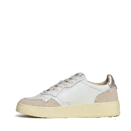 Sneakers Medalist Low In Pelle Bianca, Argento e Suede Beige
