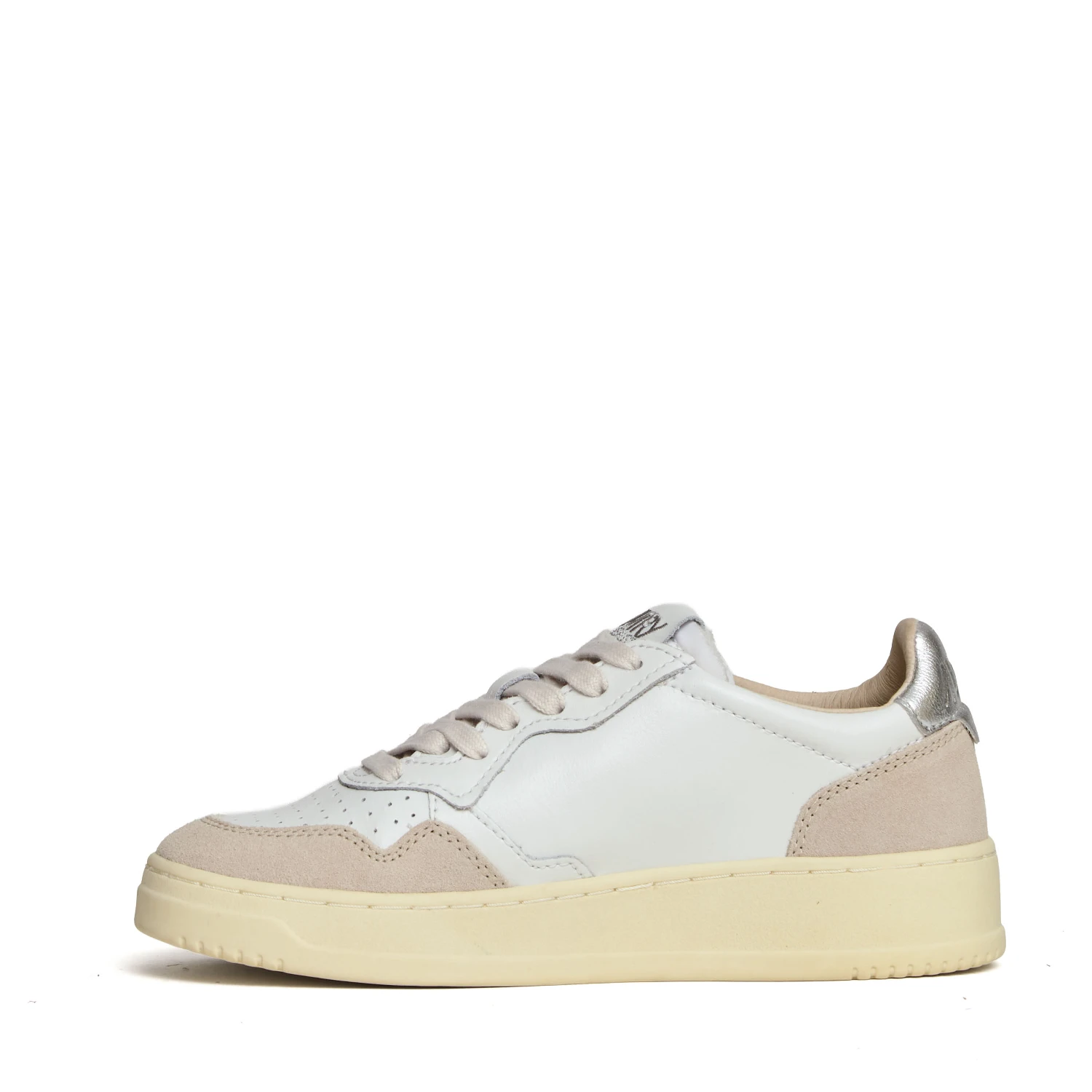Sneakers Medalist Low In Pelle Bianca, Argento e Suede Beige