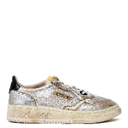 Sneakers Super Vintage Low In Pelle Laminata Argento, Platino, Nero
