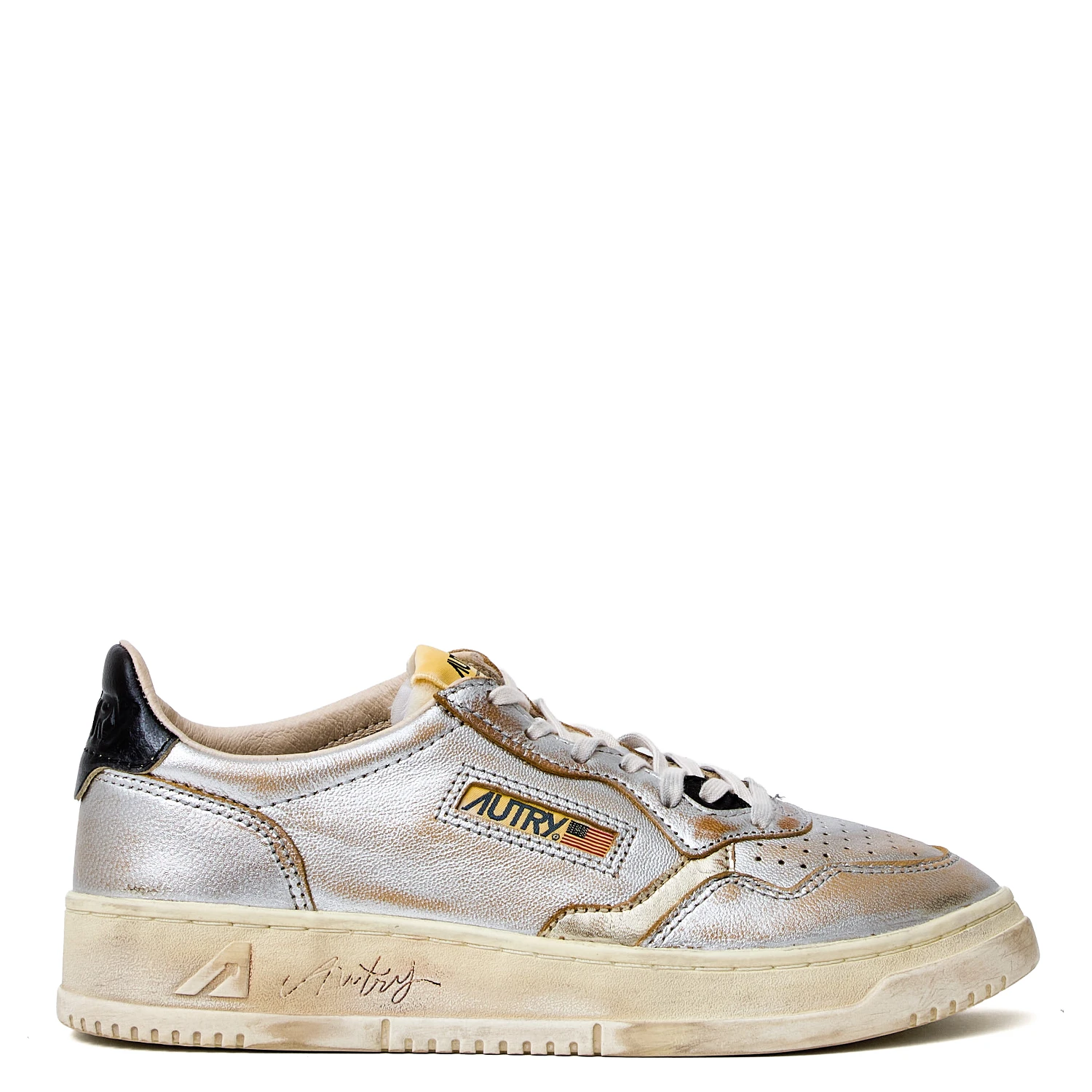 Sneakers Super Vintage Low In Pelle Laminata Argento, Platino, Nero