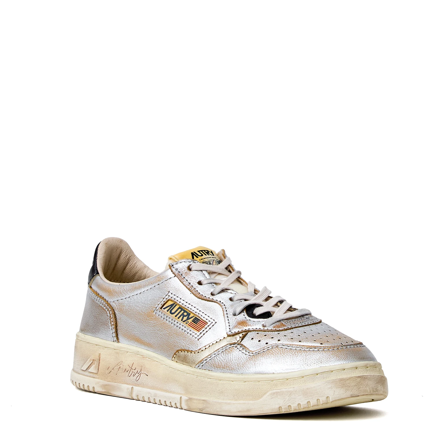 Sneakers Super Vintage Low In Pelle Laminata Argento, Platino, Nero
