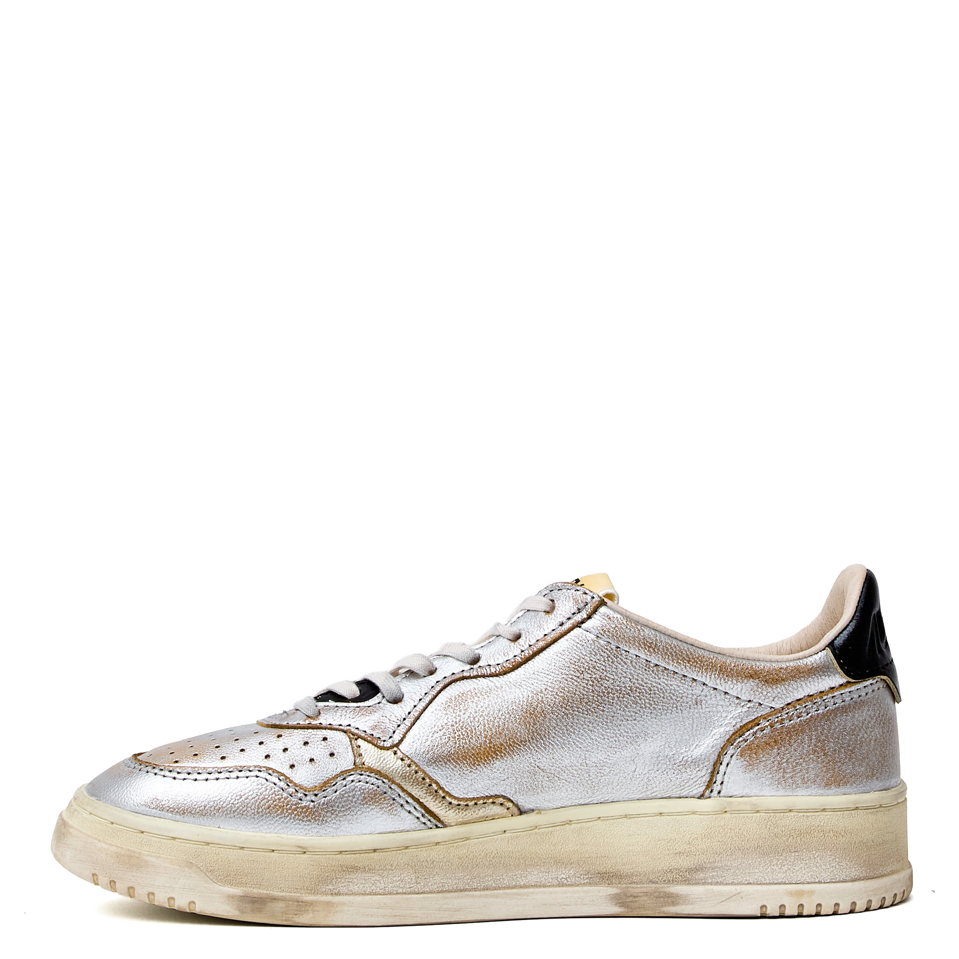 Sneakers Super Vintage Low In Pelle Laminata Argento, Platino, Nero