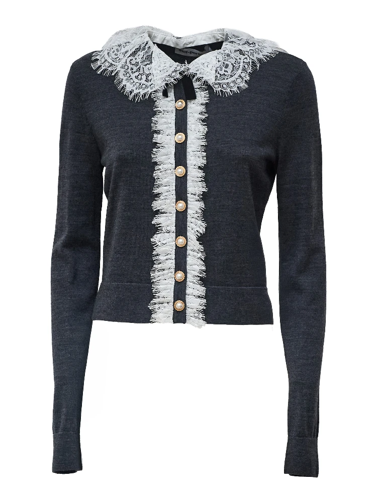 Grey Lace Collar Knit Cardigan