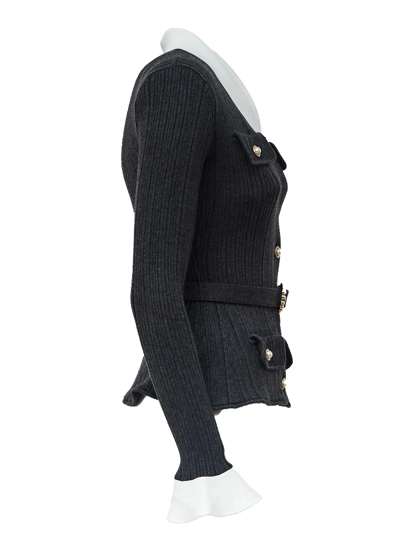 Grey Ribbed Knit Cardigan