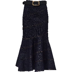 Indigo Denim Belted Midi Skirt